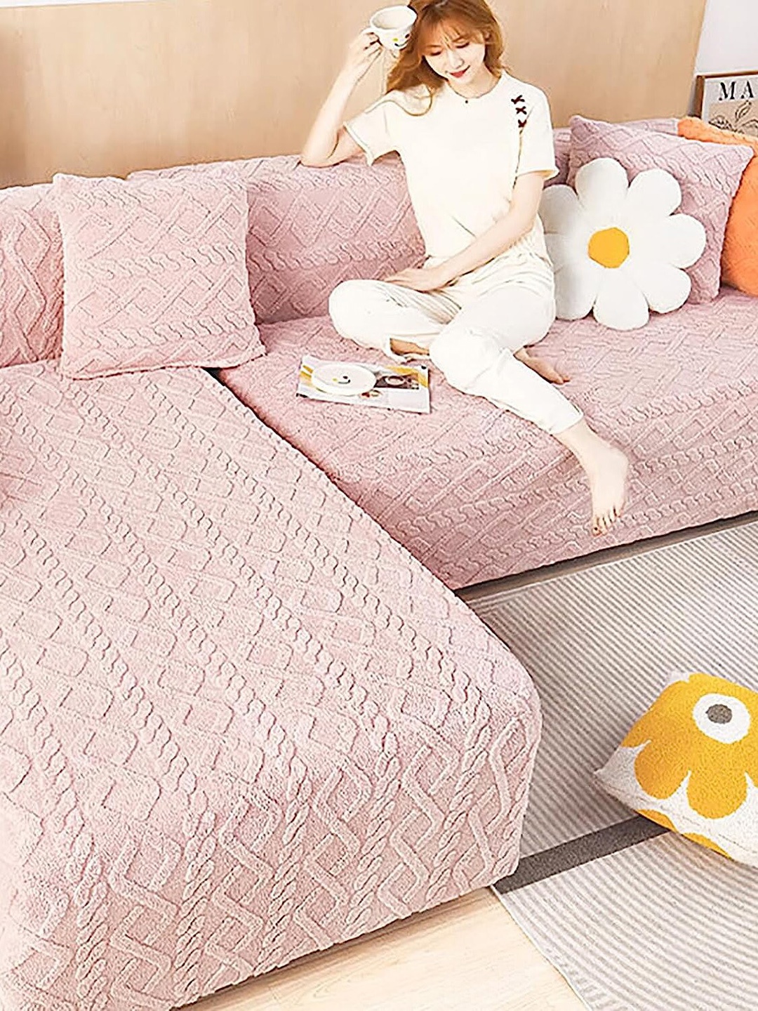 

HOUSE OF QUIRK Pink Textured 4-Seater Jacquard Sofa Covers With Arms