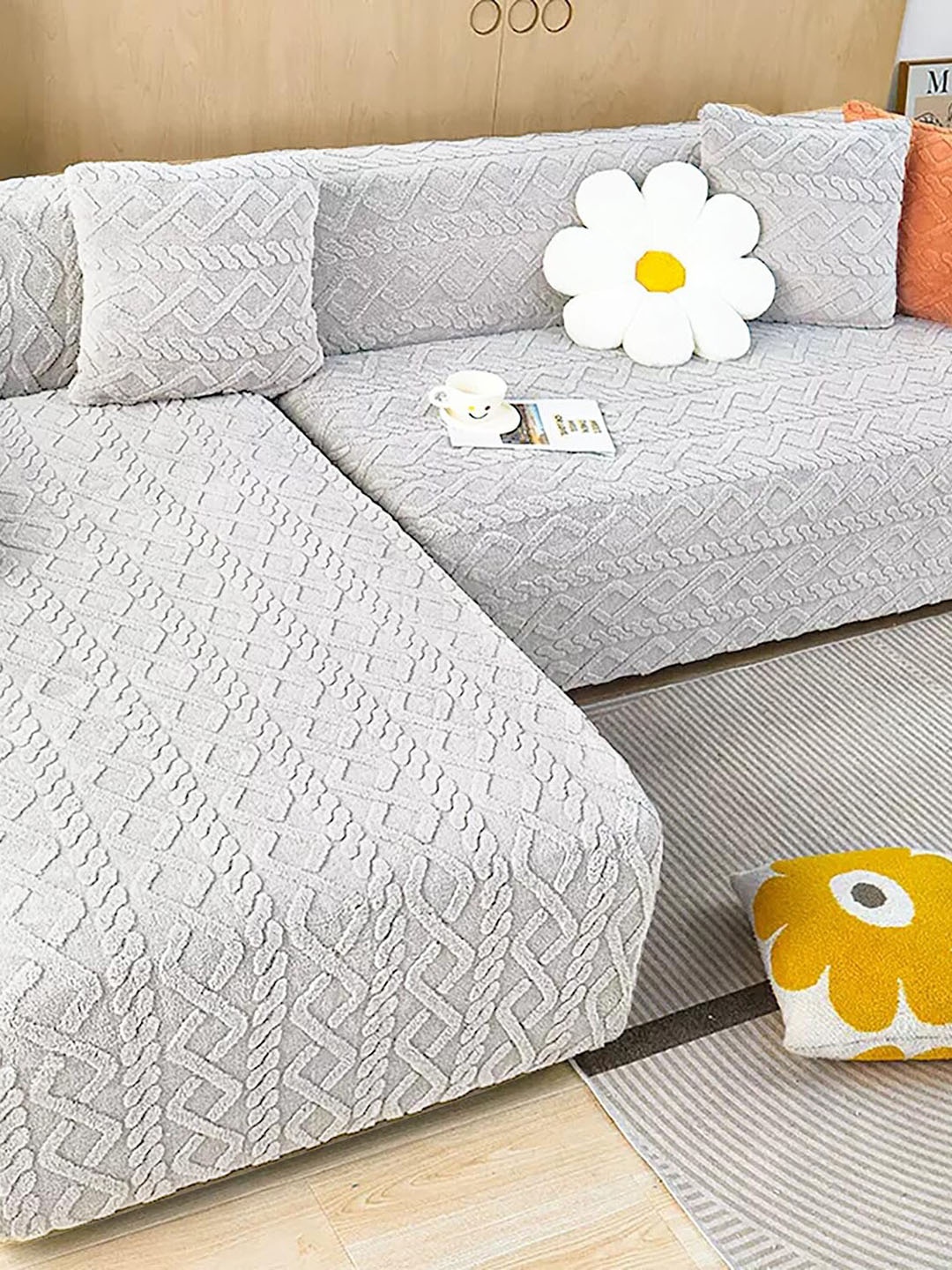 

HOUSE OF QUIRK Grey Self-Designed Jacquard Double-Seater Sofa Cover With Arms