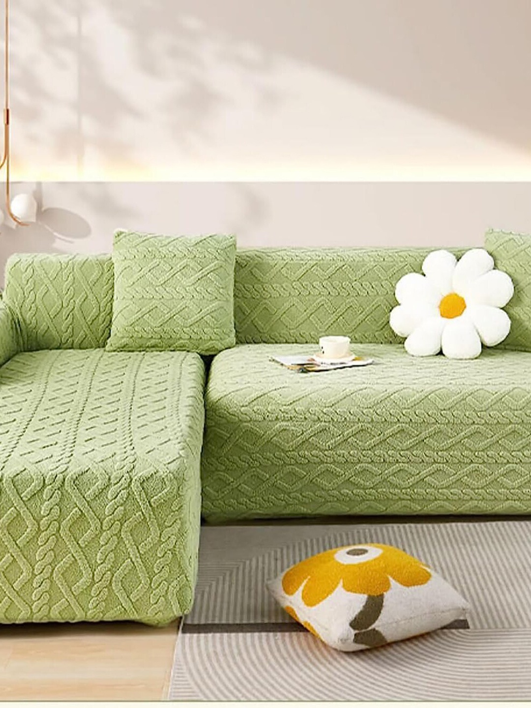 

HOUSE OF QUIRK Green Self-designed 4-Seater Jacquard Sofa Cover With Arms