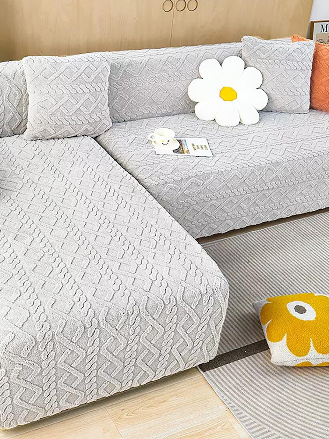 

HOUSE OF QUIRK Grey Textured 4-Seater Jacquard Sofa Covers With Arms