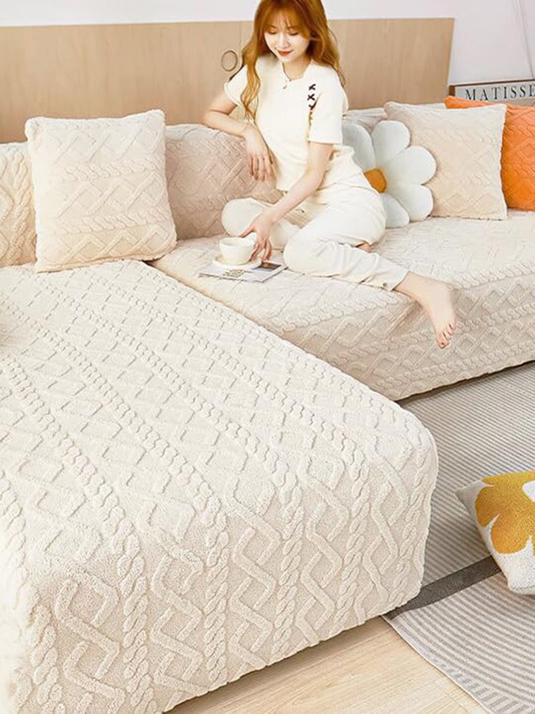

HOUSE OF QUIRK Beige Self-Designed Jacquard 1-Seater Sofa Cover With Arm