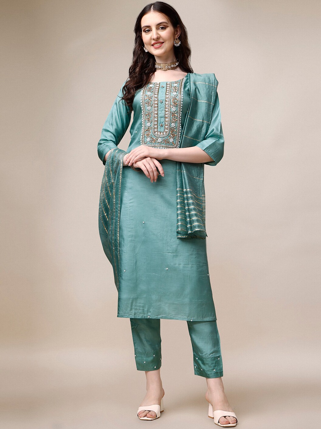 

Berrylicious Floral Yoke Design Thread Work Chanderi Cotton Kurta With Trousers & Dupatta, Green