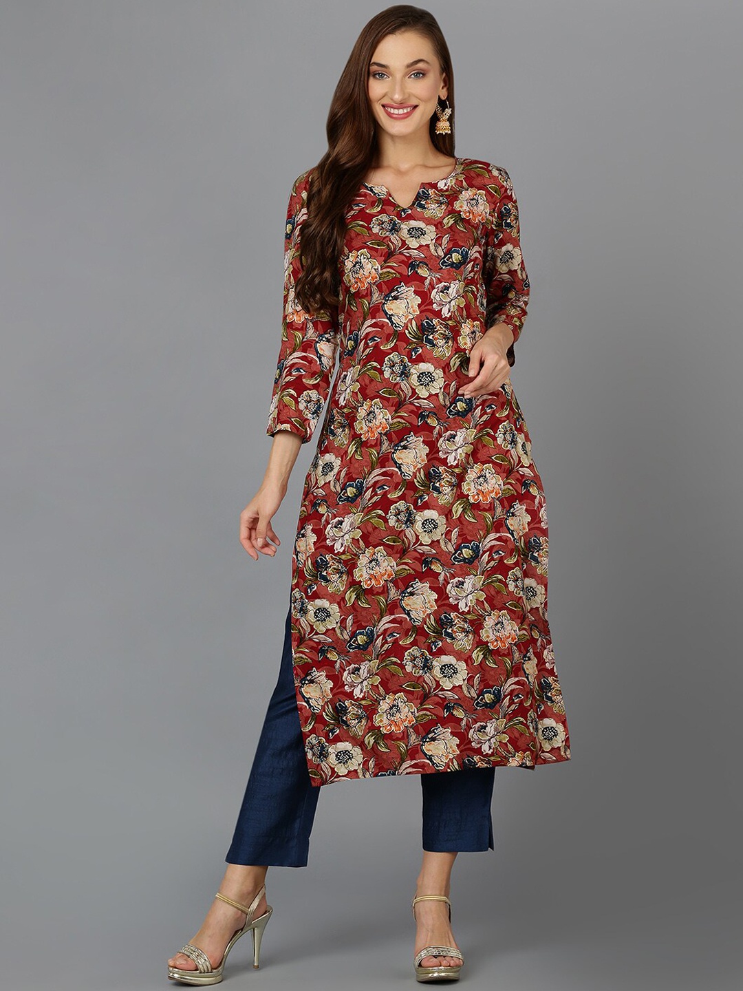 

AHIKA Floral Printed Three-Quarter Sleeves Kurta, Maroon