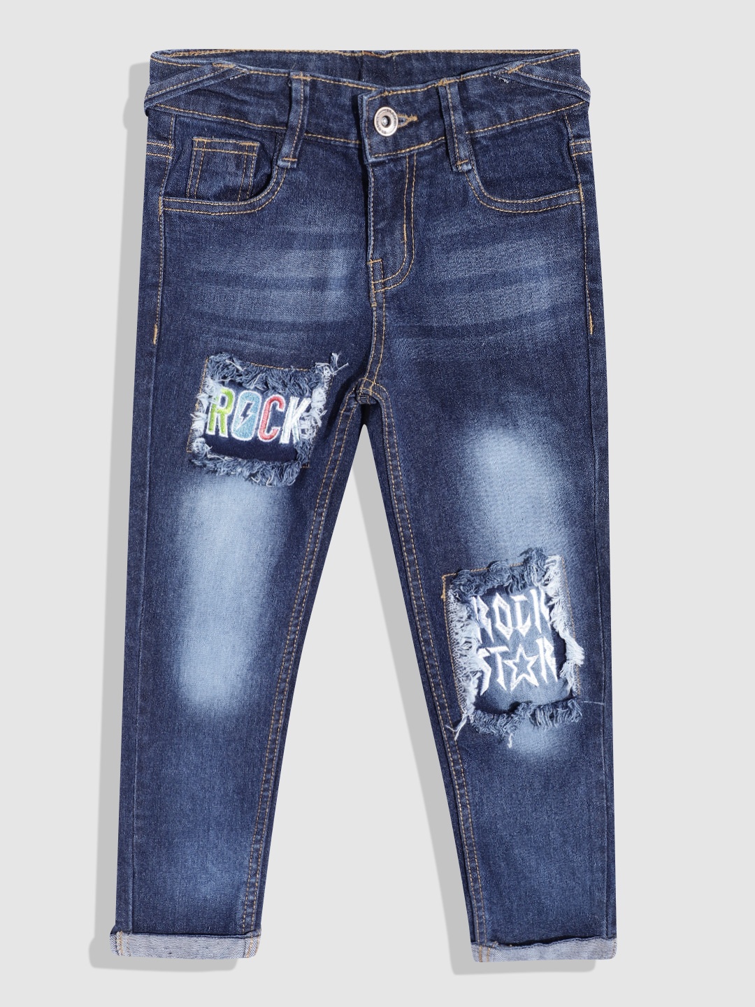 

YK Boys Slim Fit Mildly Distressed Heavy Fade Applique Stretchable Jeans, Blue