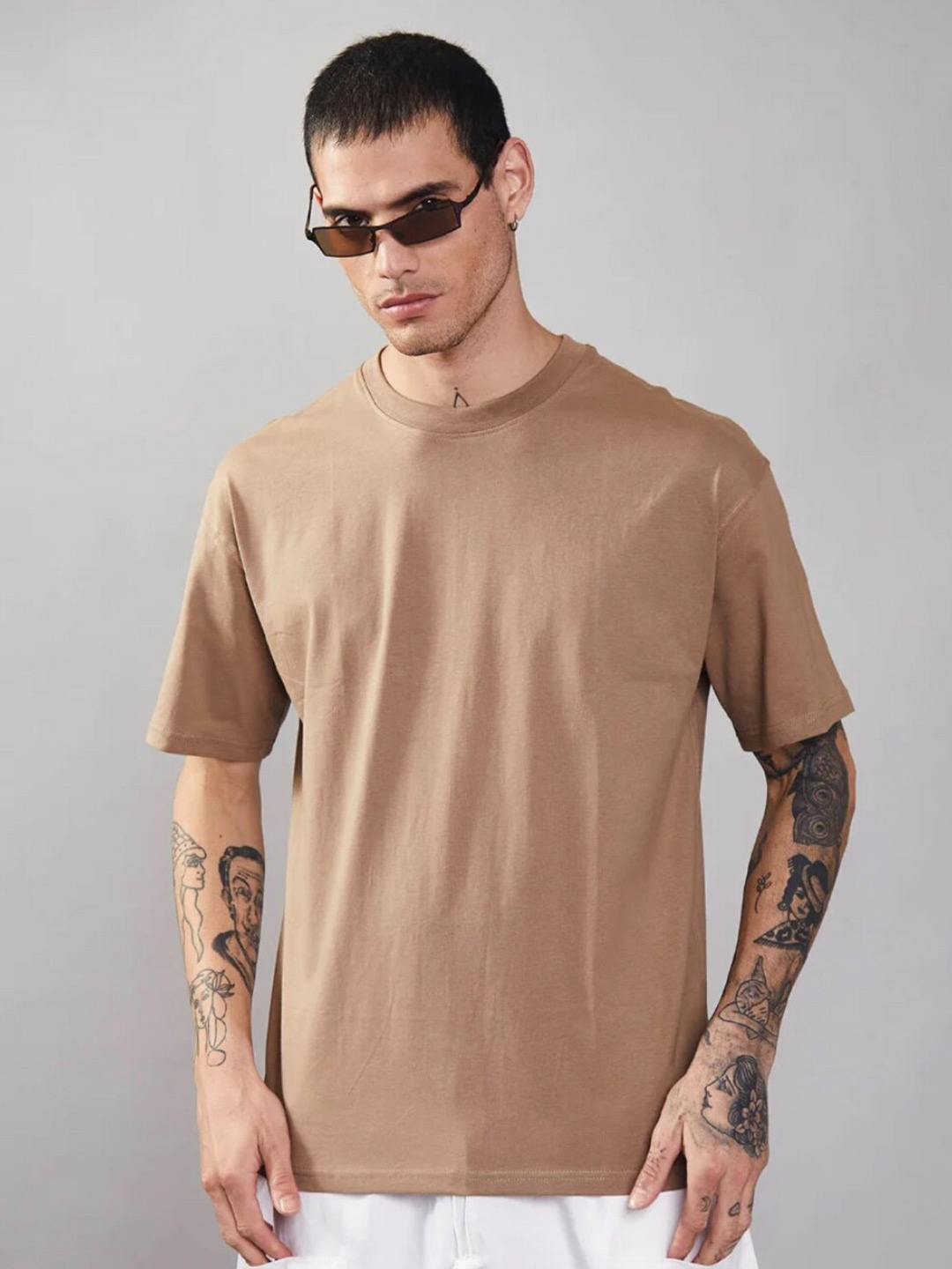 

Bonkers Corner Khaki Drop-Shoulder Sleeves Cotton Oversized T-shirt