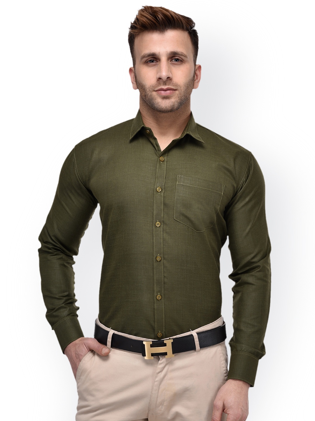 

Hangup Men Olive Green Regular Fit Solid Formal Shirt