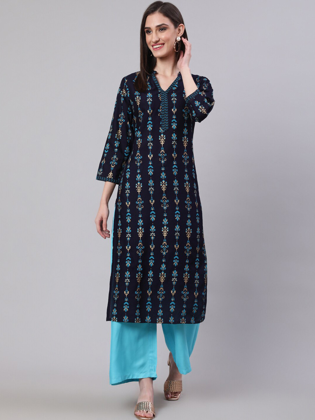 

SAK JAIPUR Ethnic Motifs Printed Straight Kurta, Black