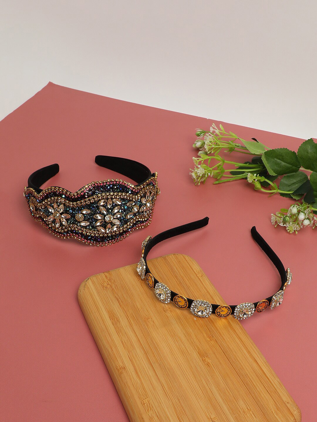 

SOHI Glamour Statement Set of 2 Embellished Hairband, Black