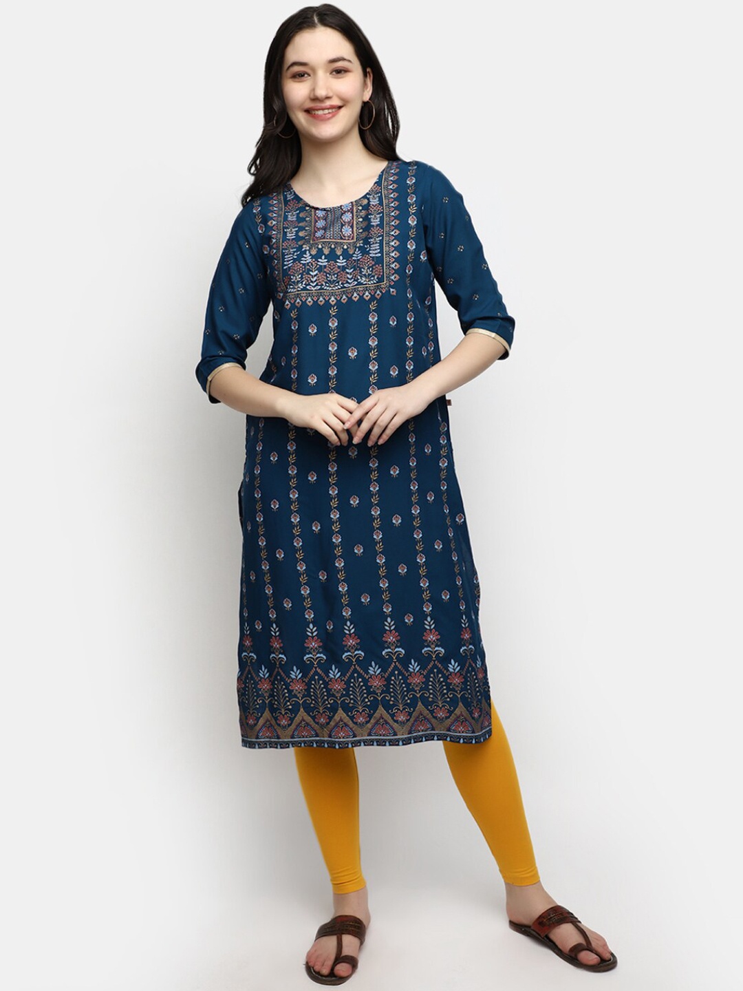 V-Mart Floral Printed Straight Kurta, Blue