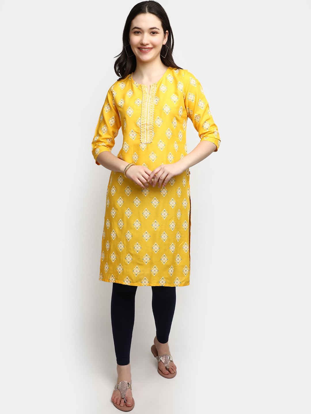 

V-Mart Ethnic Motifs Printed Round Neck Kurta, Yellow