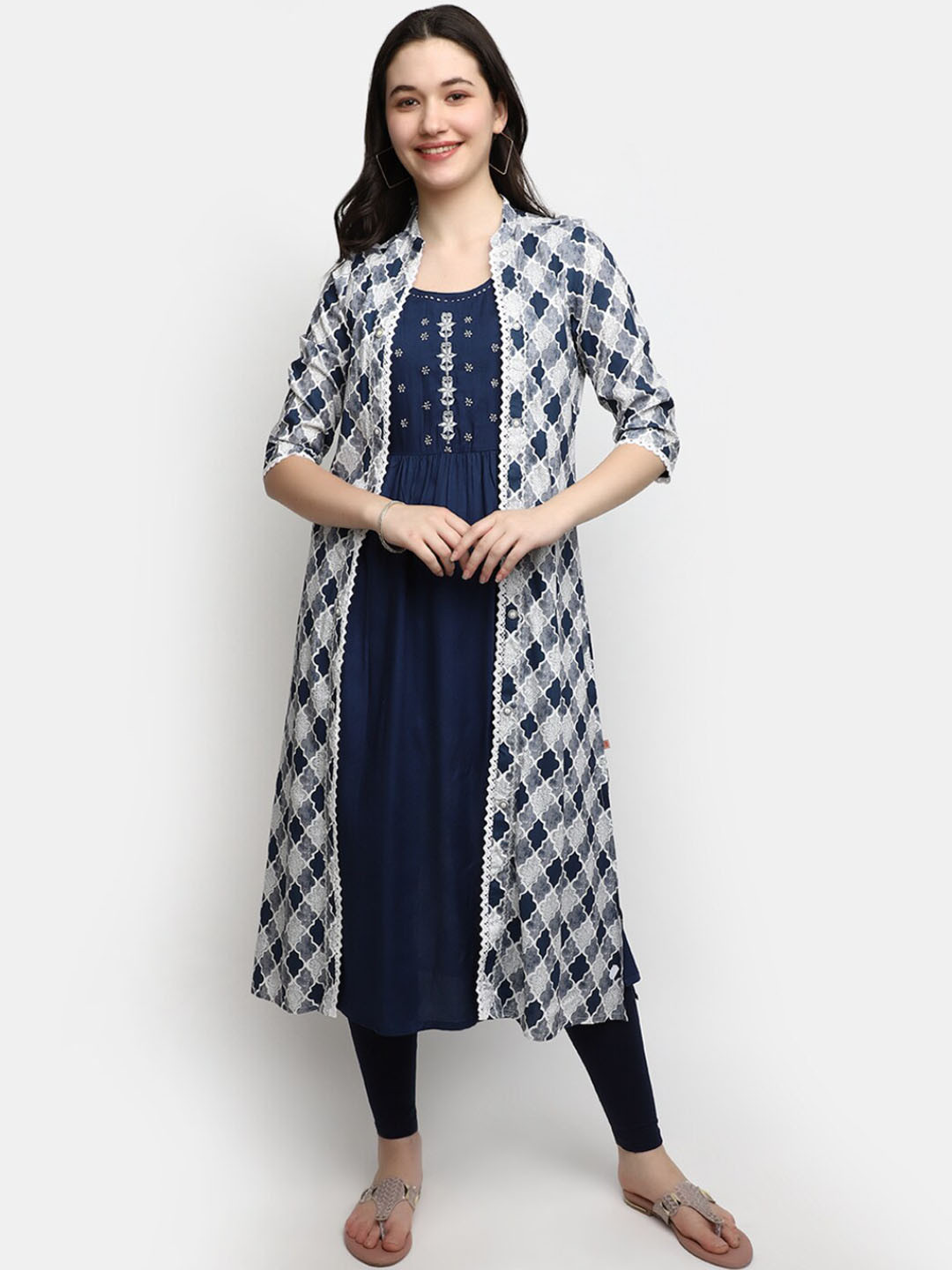 

V-Mart Geometric Printed Anarkali Kurta, Navy blue
