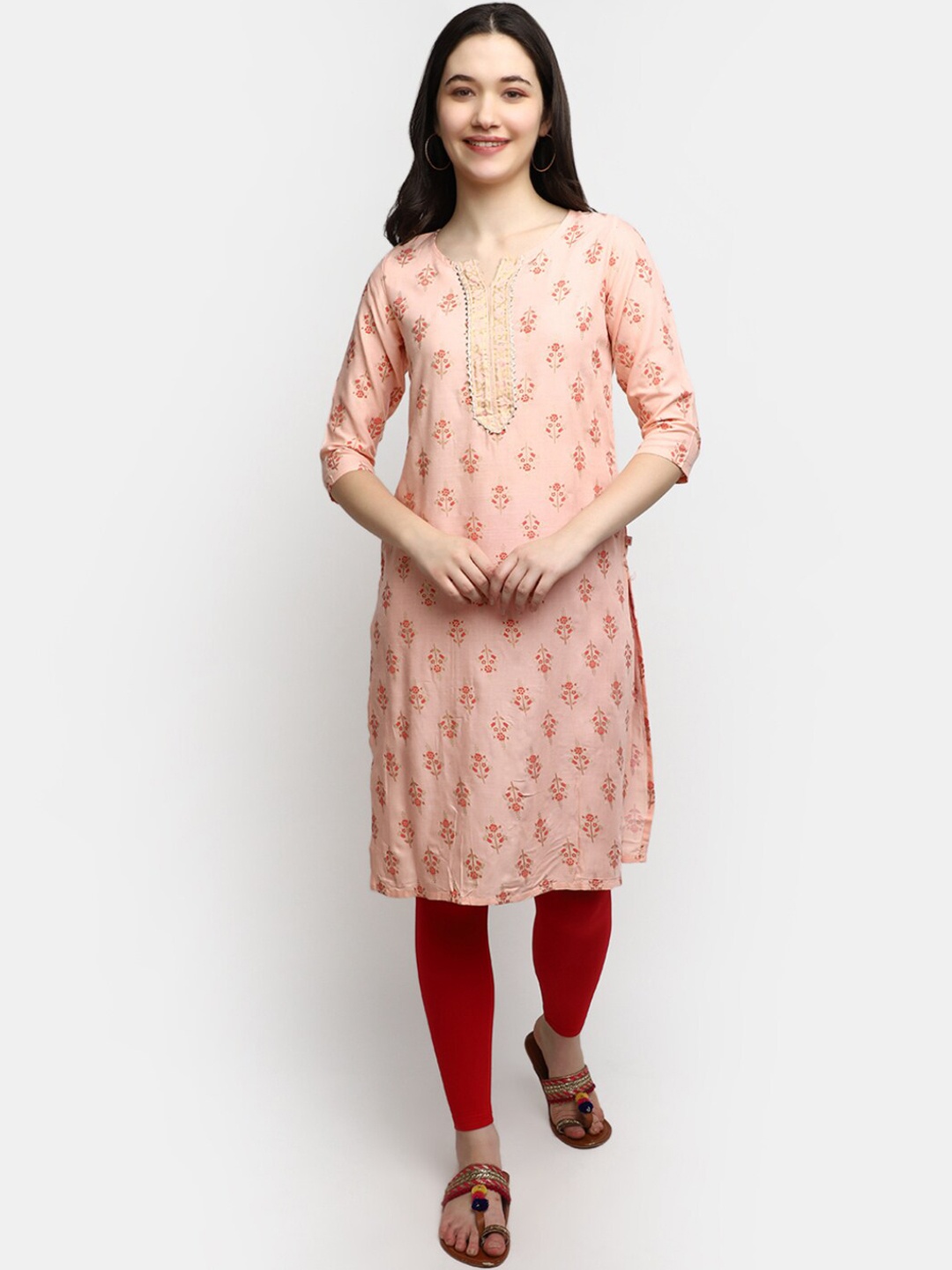 

V-Mart Floral Printed Gotta Patti Straight Kurta, Orange