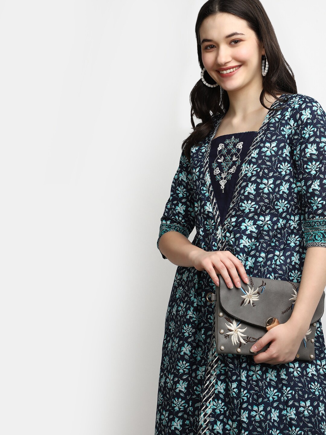 

V-Mart Floral Printed Cotton Anarkali Kurta, Navy blue