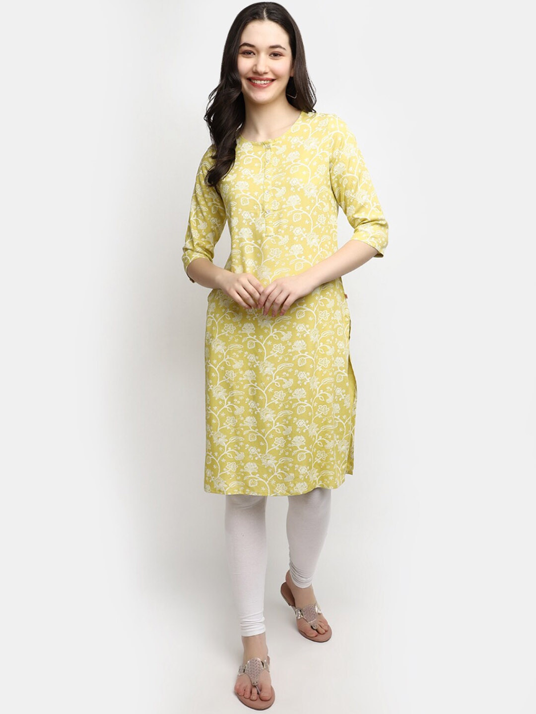 

V-Mart Floral Printed Round Neck Kurta, Yellow