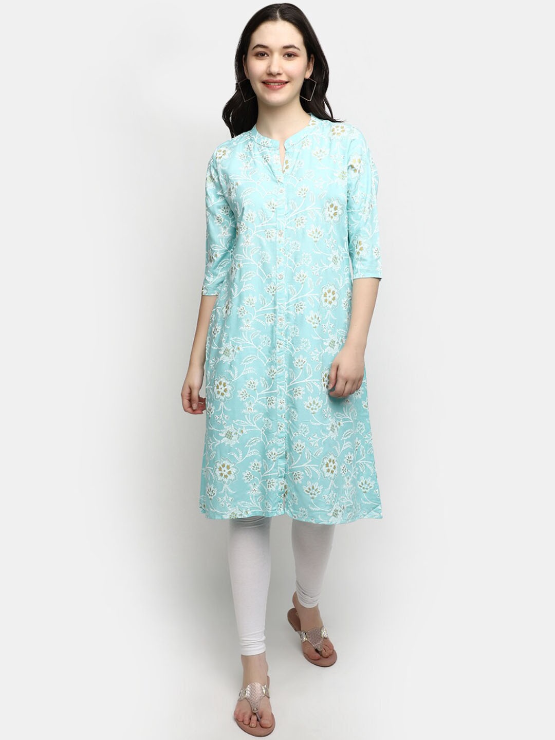 

V-Mart Floral Printed Mandarin Collar Kurta, Blue