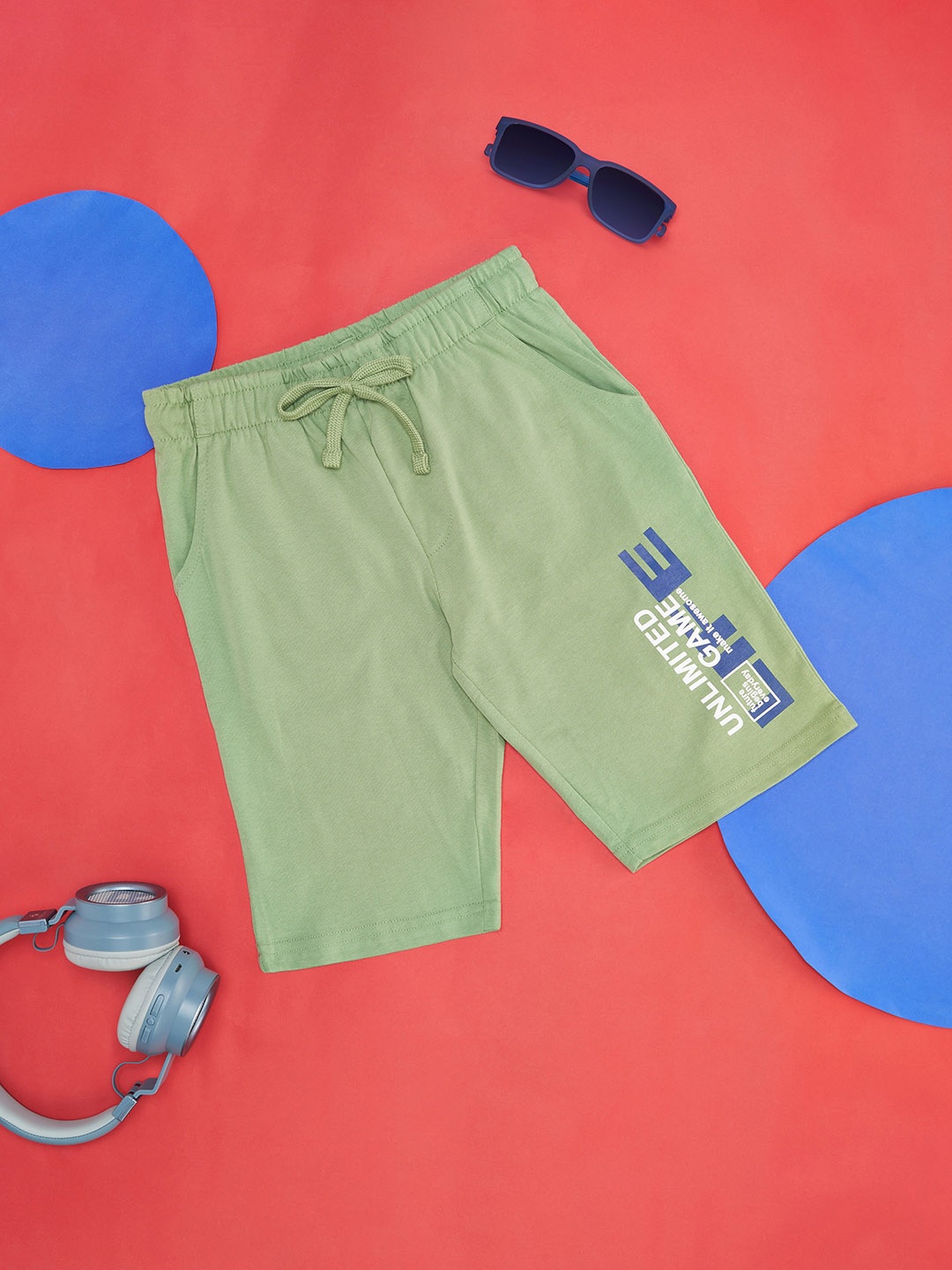 Pantaloons Junior Boys Typography Printed Cotton Shorts, Olive
