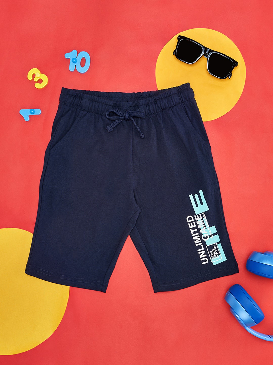 Pantaloons Junior Boys Typography Printed Cotton Shorts, Navy blue
