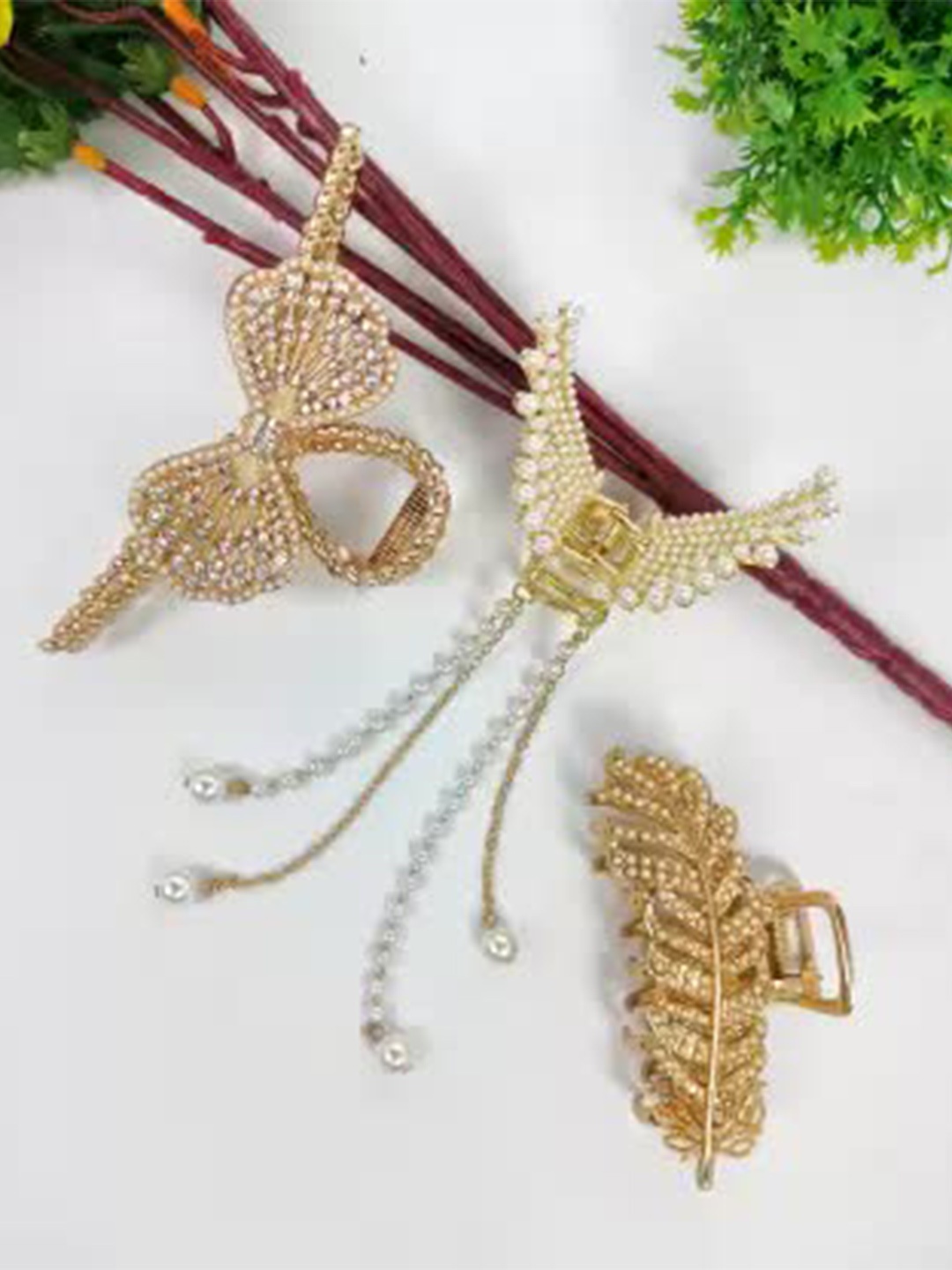 

ANNA CREATIONS Set of 3 Metal Beaded Claw Clips, Gold