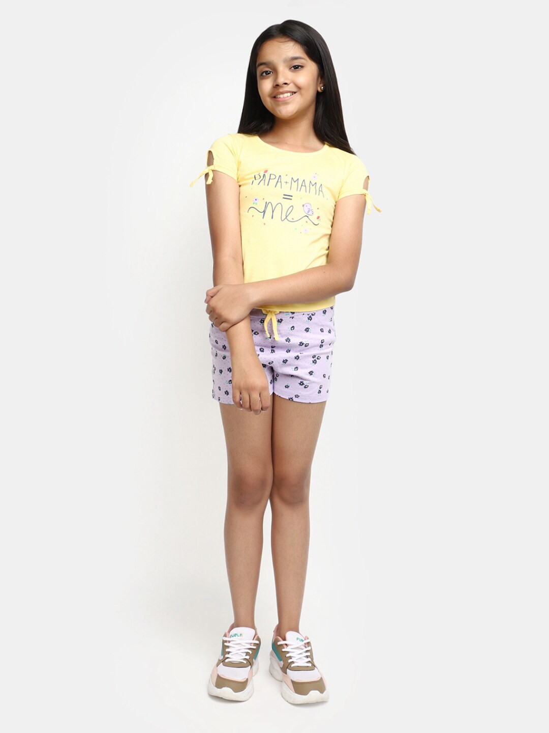 

V-Mart Girls Printed Pure Cotton T-shirt with Shorts, Yellow