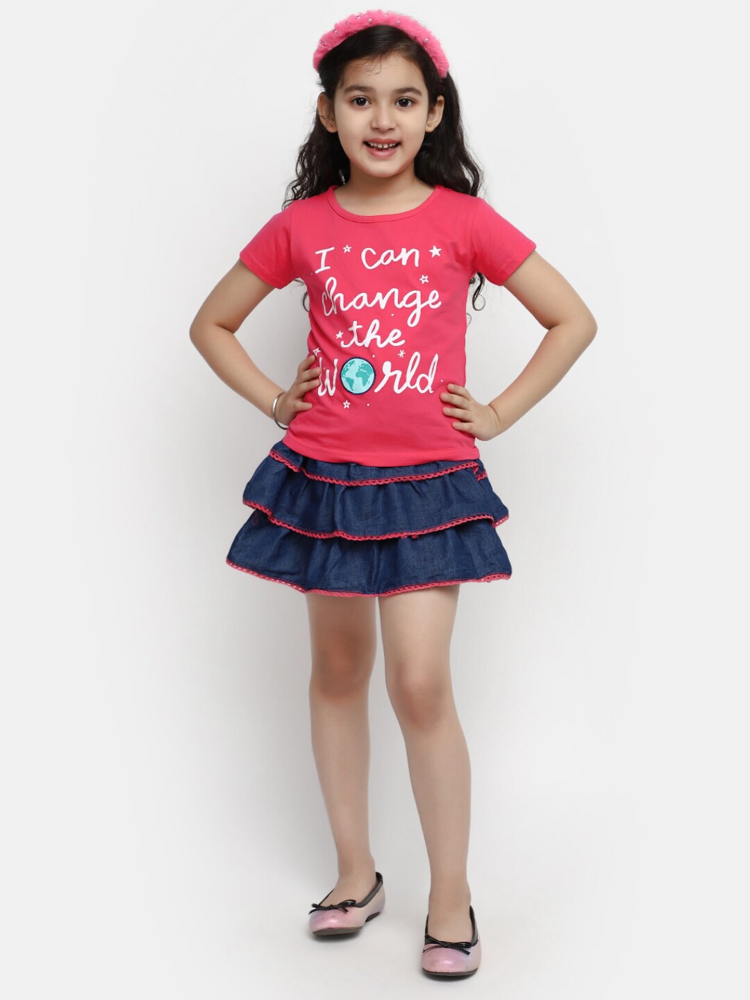 

V-Mart Girls Printed Pure Cotton T-shirt with Skirt, Pink