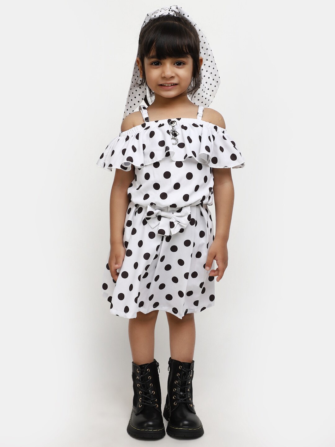 

V-Mart Girls Polka Dot Printed Off-Shoulder A-Line Dress, White