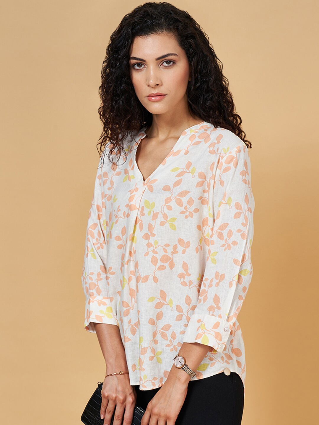

Annabelle by Pantaloons Floral Printed Mandarin Collar High-Low Top, Peach