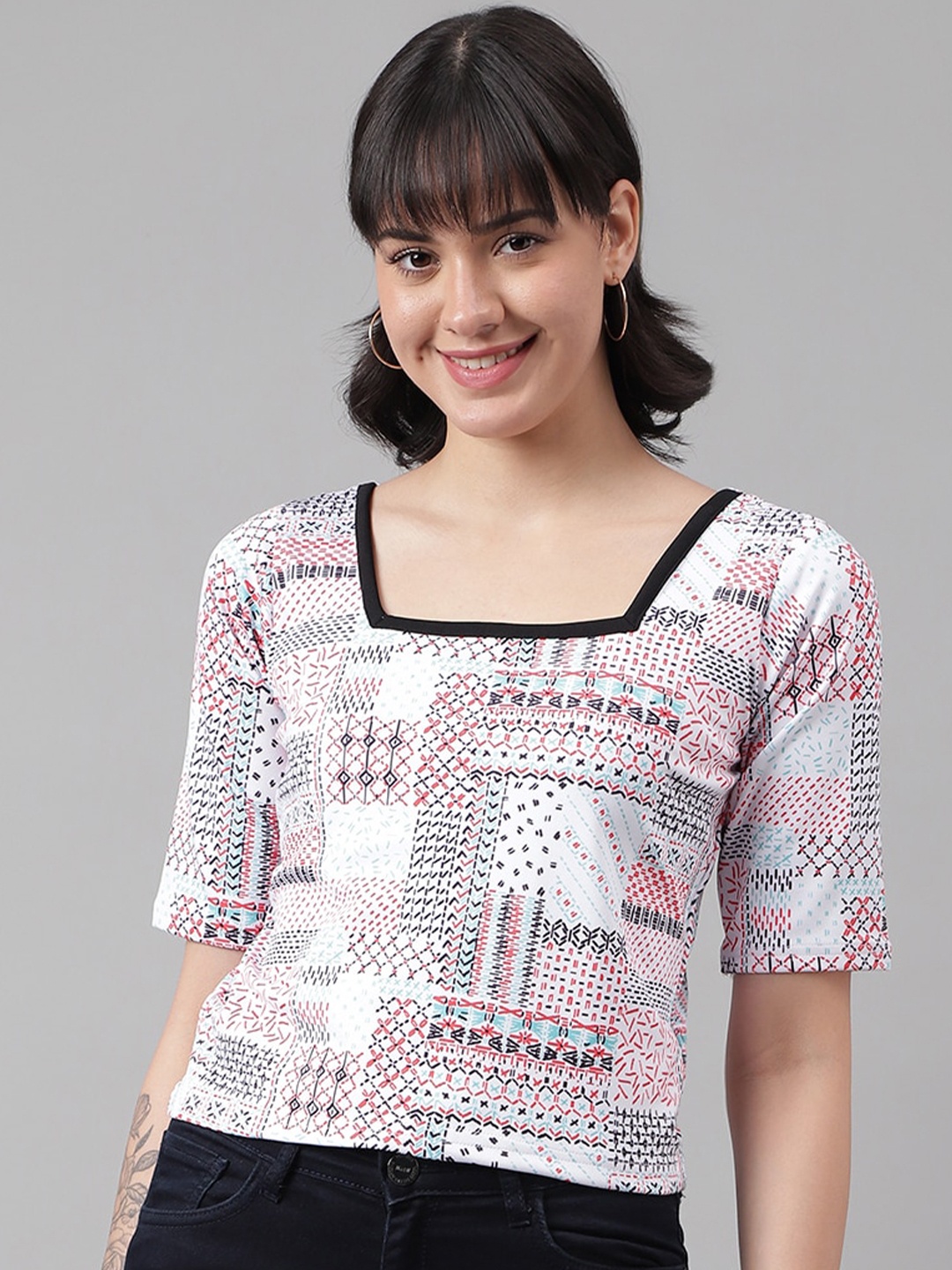 

DL Fashion Geometric Printed Square Neck Regular Top, White