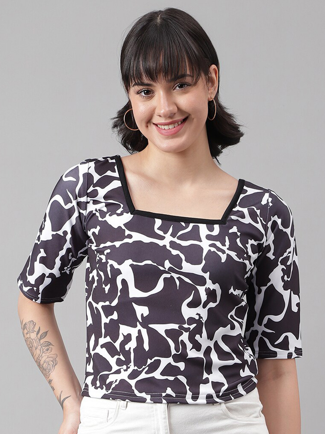 

DL Fashion Animal Printed Square Neck Regular Top, Black