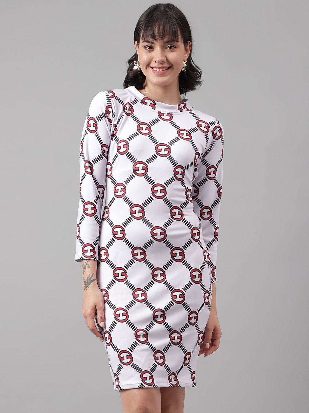 

DL Fashion Abstract Printed Round Neck Sheath Dress, White