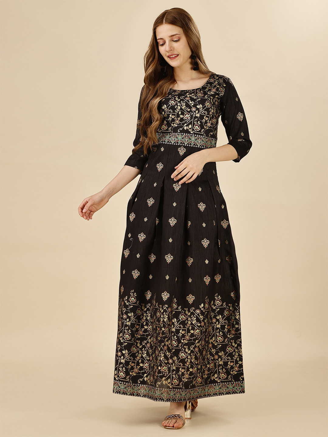 

DL Fashion Floral Printed Round Neck Fit & Flare Maxi Ethnic Dress, Black