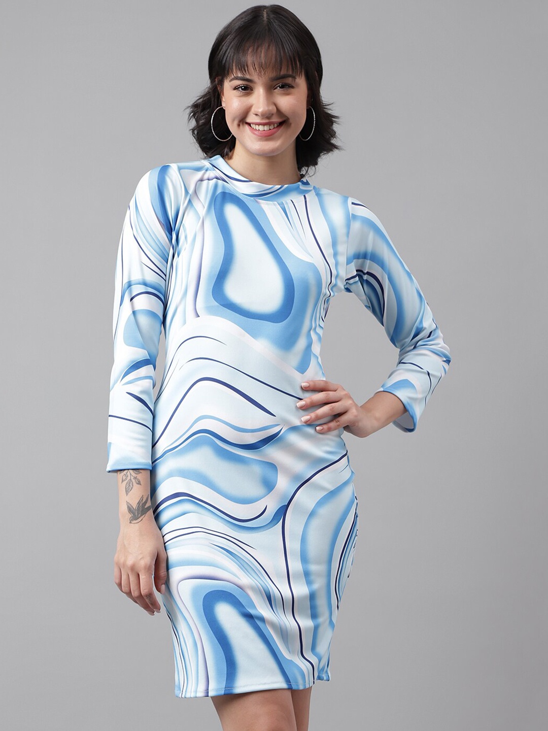 

DL Fashion Abstract Printed Round Neck Sheath Dress, Blue