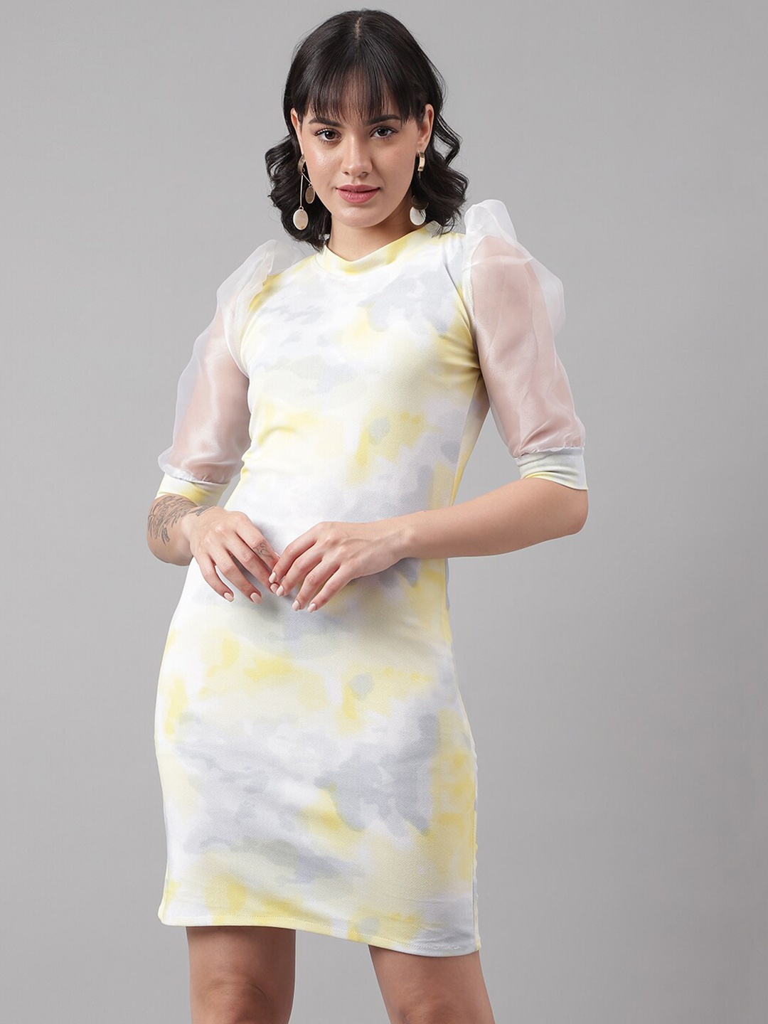 

DL Fashion Tie and Dye Puff Sleeves Sheath Dress, Yellow