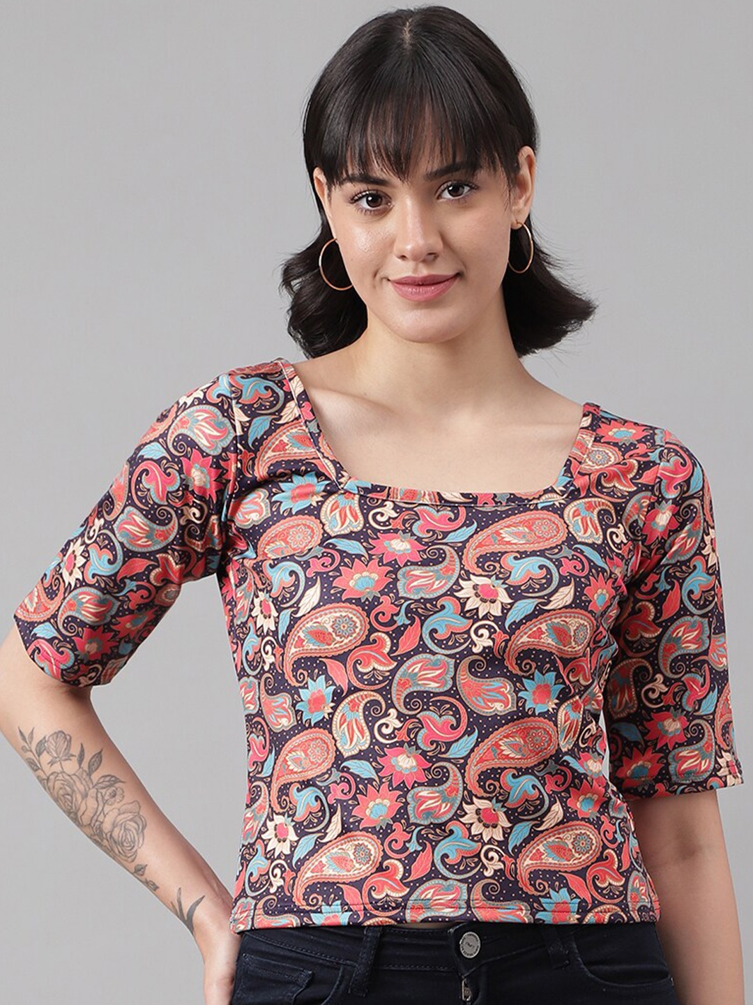 

DL Fashion Ethnic Motifs Printed Square Neck Regular Top, Brown