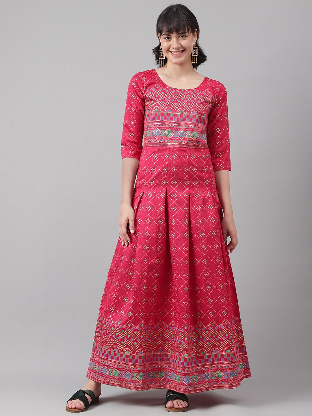 

DL Fashion Ethnic Motifs Printed Round Neck Fit & Flare Maxi Ethnic Dress, Pink