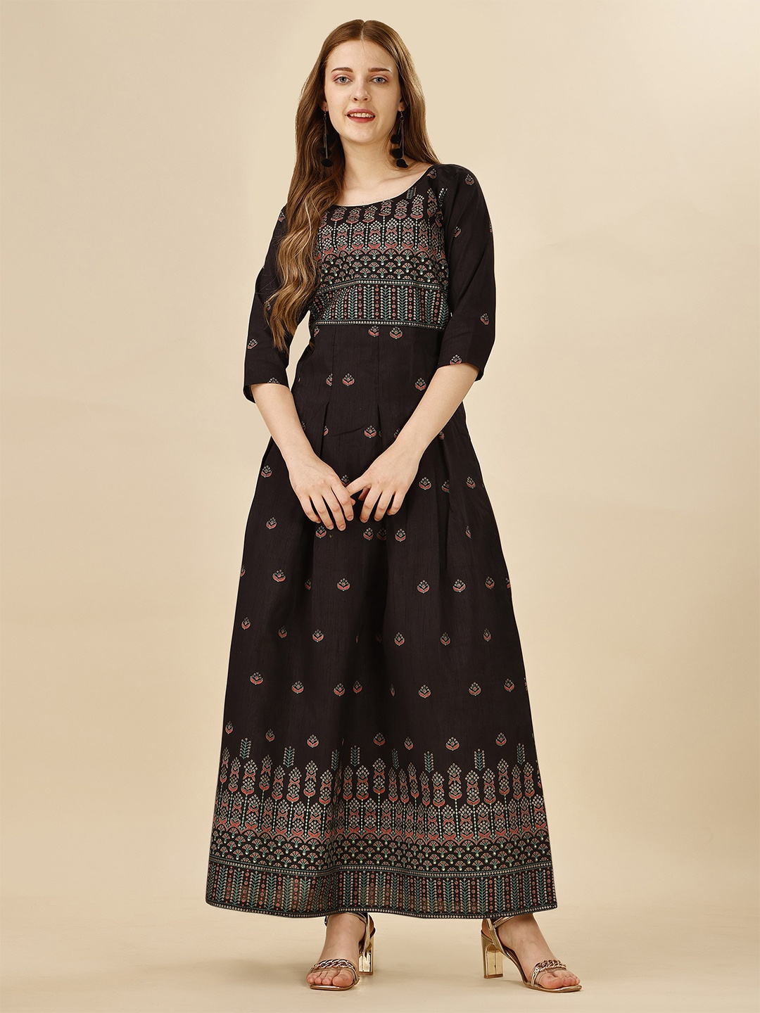 

DL Fashion Ethnic Motifs Printed Round Neck Fit & Flare Maxi Ethnic Dress, Black