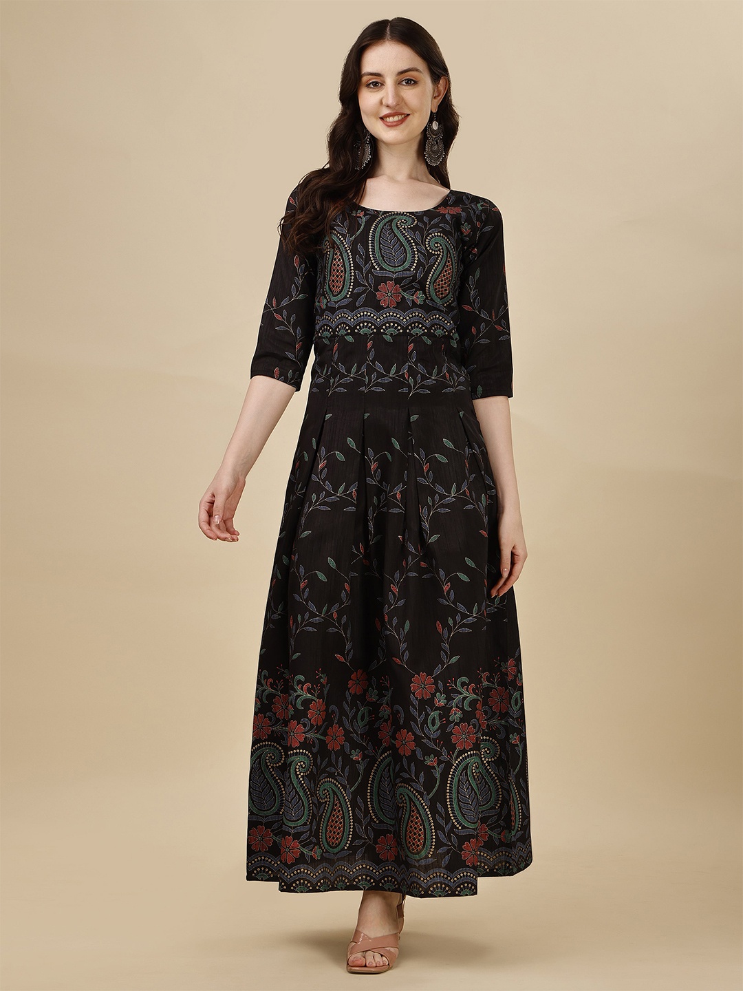 

DL Fashion Paisley Ethnic Motifs Printed Round Neck Fit & Flare Maxi Ethnic Dress, Black