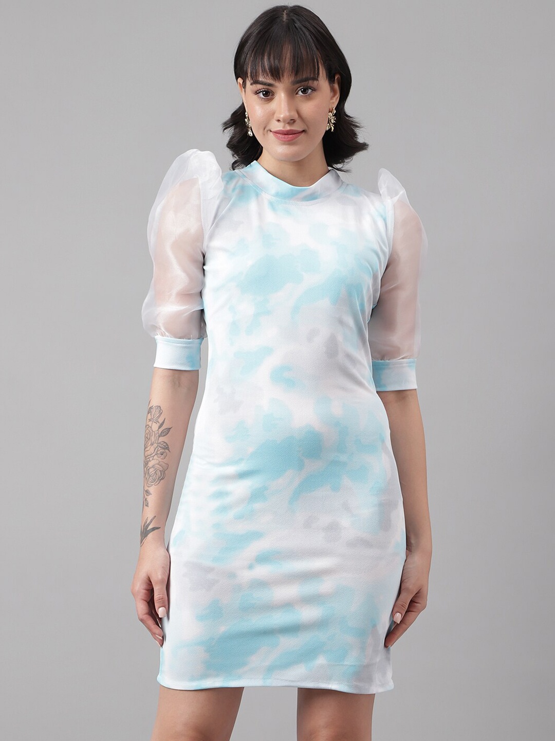 

DL Fashion Tie and Dye Printed Puff Sleeve Sheath Dress, Blue