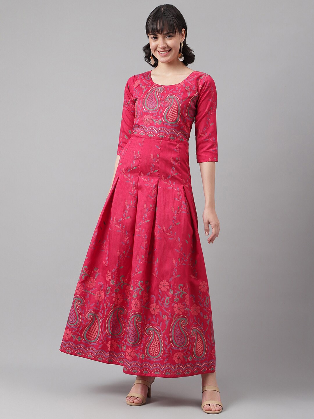 

DL Fashion Paisley Ethnic Motifs Printed Round Neck Fit & Flare Maxi Ethnic Dress, Pink
