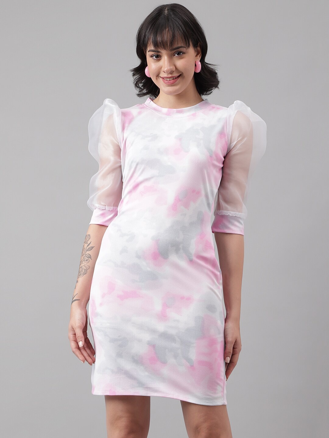 

DL Fashion Tie and Dye Printed Puff Sleeve Sheath Dress, Pink