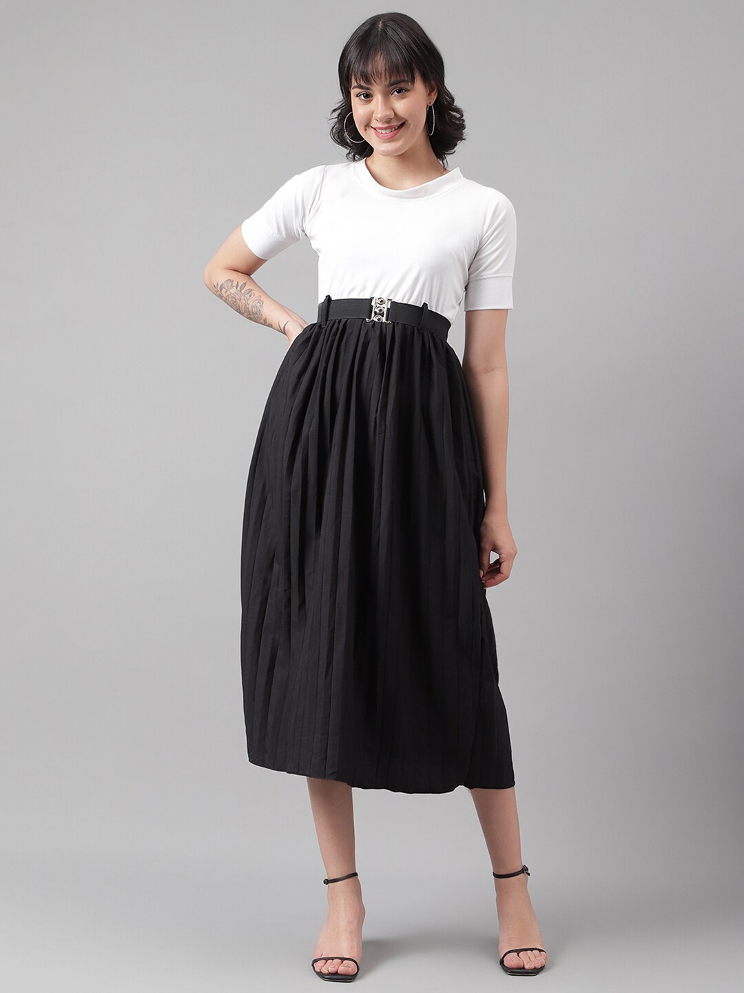 

DL Fashion Accordion Pleats Fit & Flare Midi Dress With Belt, Black