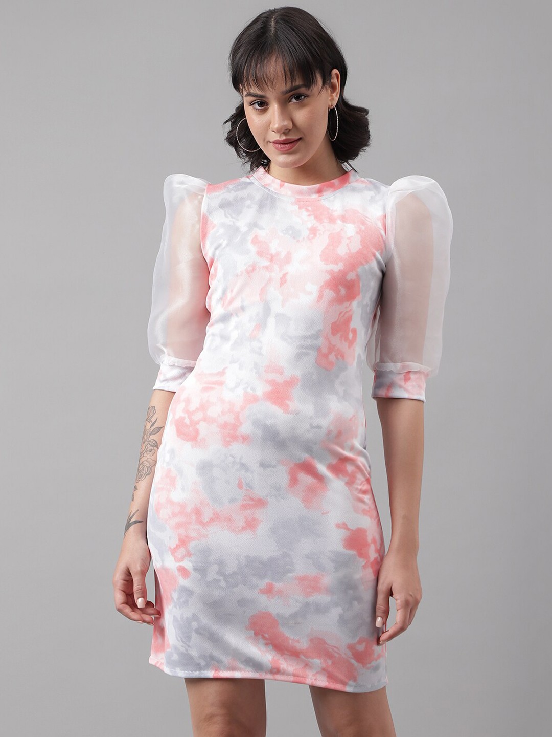 

DL Fashion Tie and Dye Printed Puff Sleeve Sheath Dress, Orange