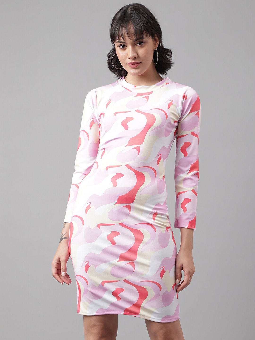 

DL Fashion Abstract Printed Round Neck Sheath Dress, Pink