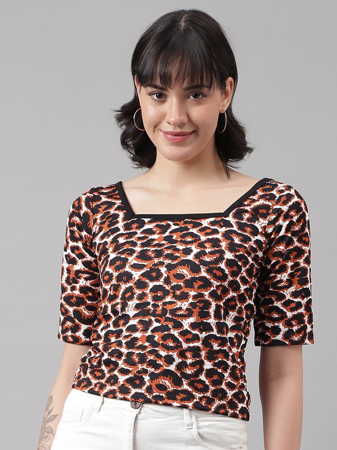 

DL Fashion Animal Printed Square Neck Regular Top, Black