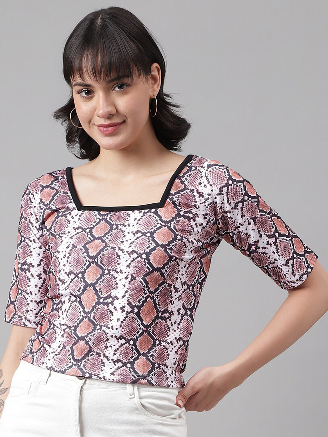 

DL Fashion Animal Printed Square Neck Regular Top, Brown