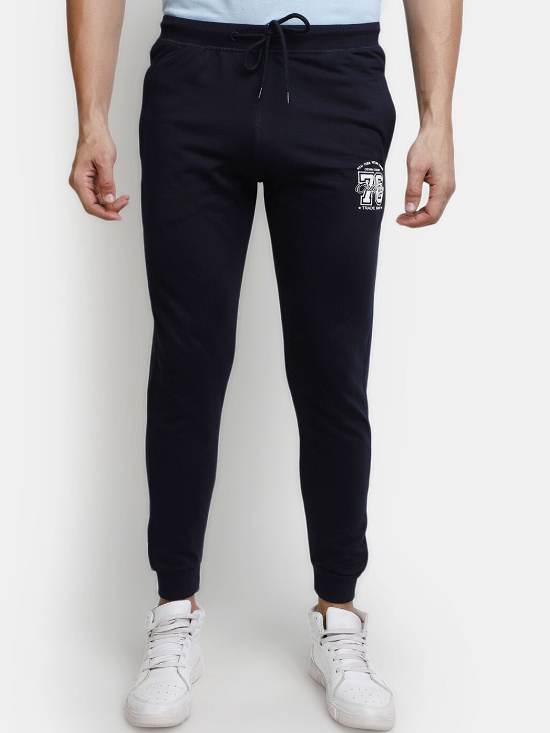 

V-Mart Men Printed Mid-Rise Cotton Joggers, Navy blue