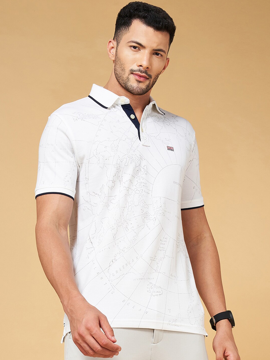 

BYFORD by Pantaloons Printed Polo Collar Slim Fit Cotton T-shirt, White