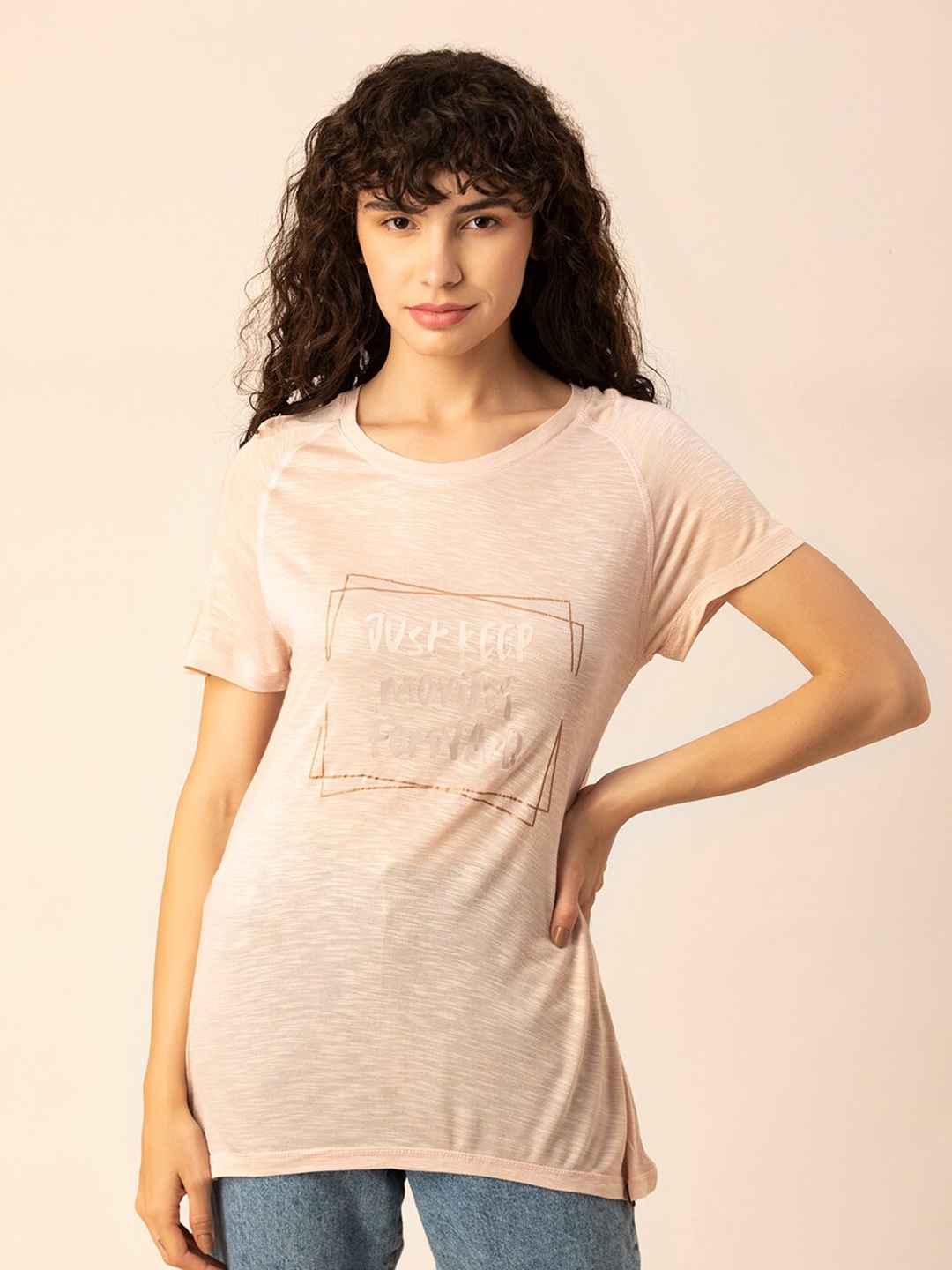 

TITTLI Typography Printed Raglan Sleeves Longline T-shirt, Peach