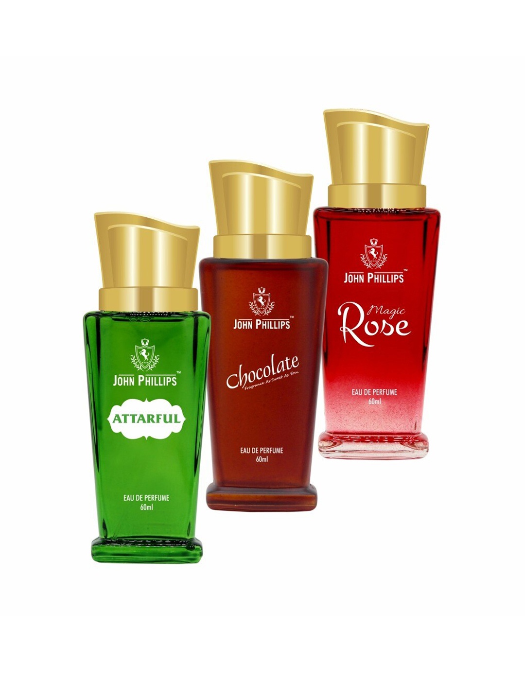 

JOHN PHILLIPS Set of 3 Eau De Parfum - Attarful + Chocolate + Magic Rose - 60ml Each, Red