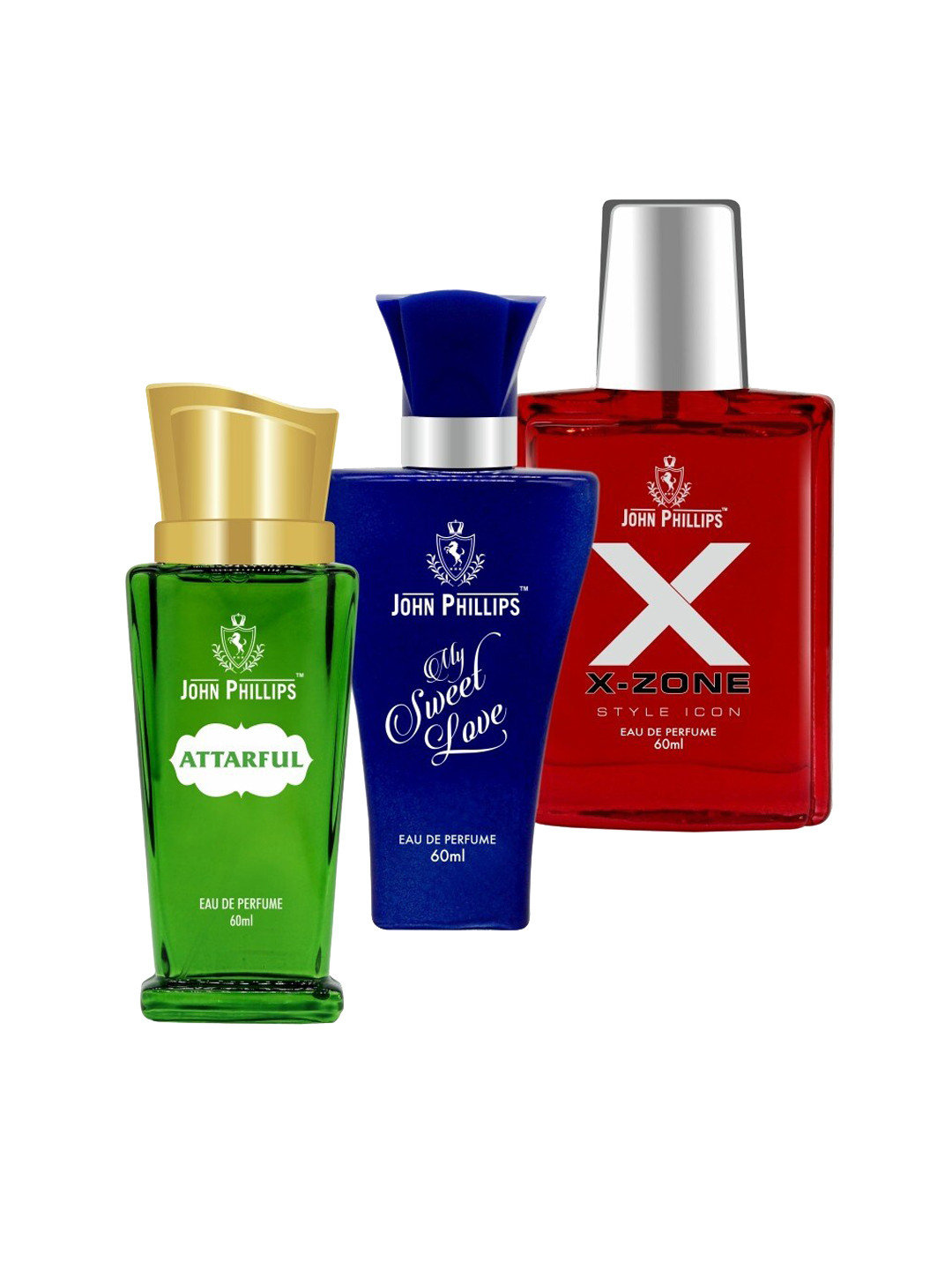 

JOHN PHILLIPS Set of 3 EDP - Attarful + My Sweet Love + X-Zone Style Icon - 60ml Each, Green