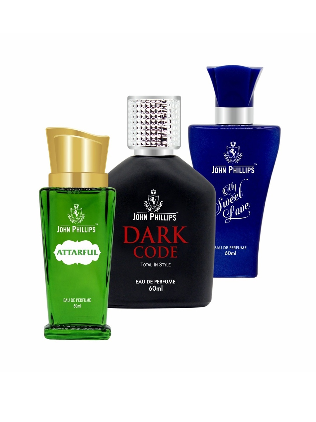

JOHN PHILLIPS Set of 3 Eau De Parfum 60 ml each - Attarful + Dark Code + My Sweet Love, Green